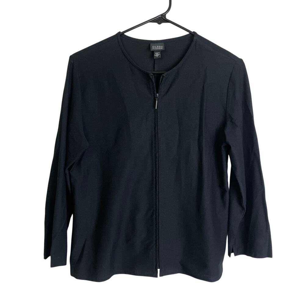 Eileen Fisher Crepe Jacket Womens Small Black Full Zip Lightweight Career Viscos